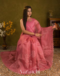 Peach Floral Applique Pure Kora Silk Saree — Draped