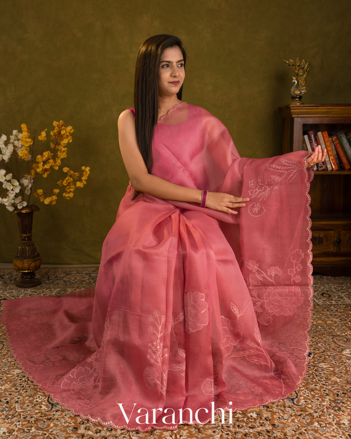 Peach Floral Applique Pure Kora Silk Saree — Draped