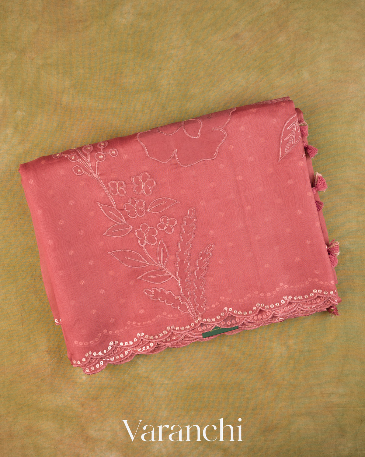 Peach Floral Applique Pure Kora Silk Saree — Folded