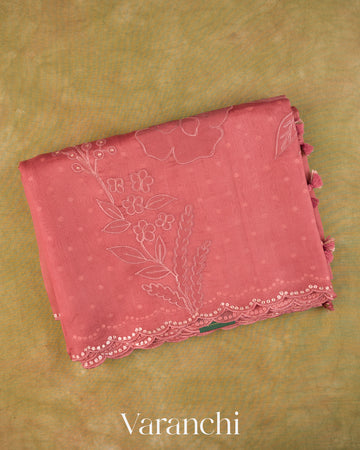 Peach Floral Applique Pure Kora Silk Saree — Folded