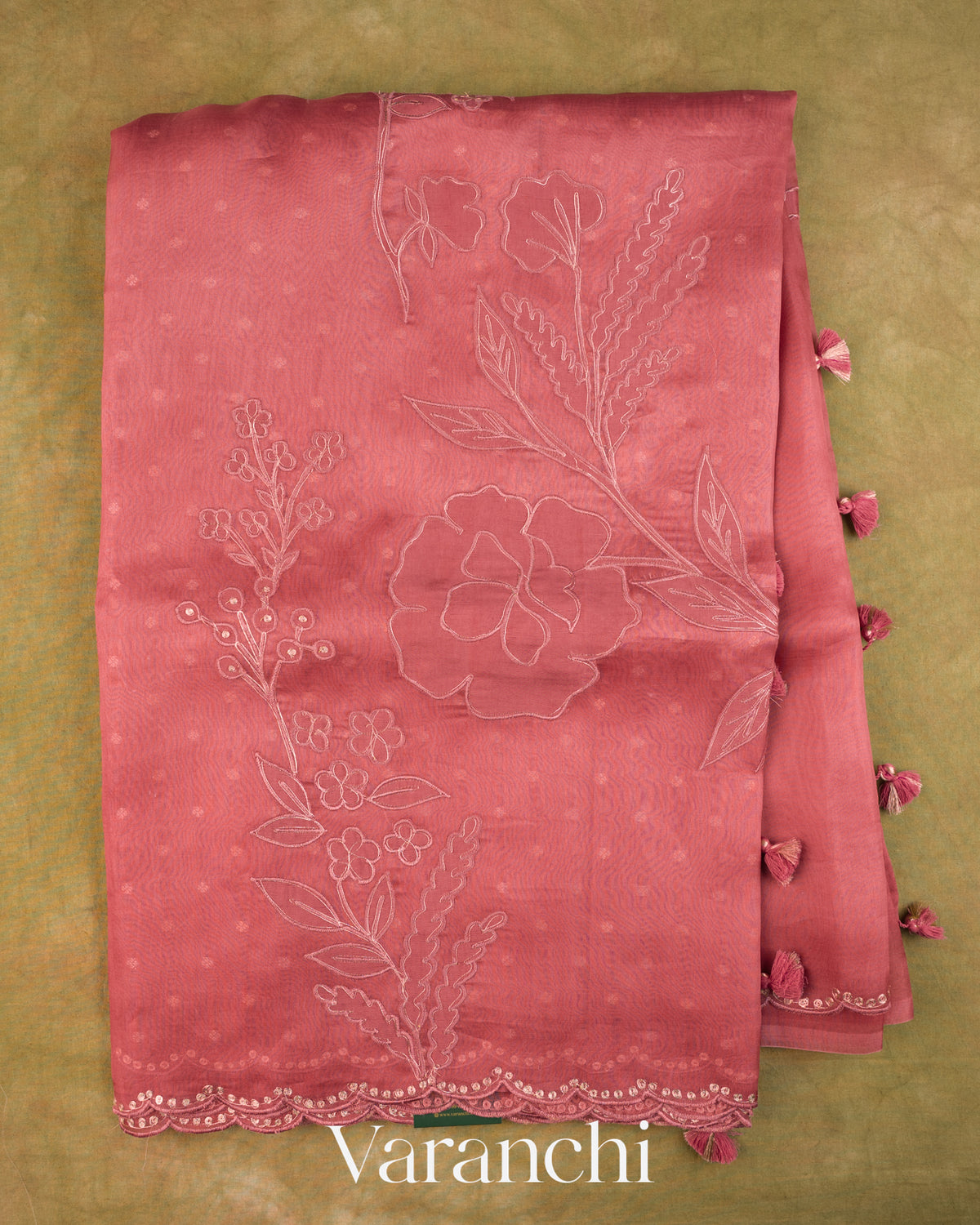 Peach Floral Applique Pure Kora Silk Saree — Full Saree