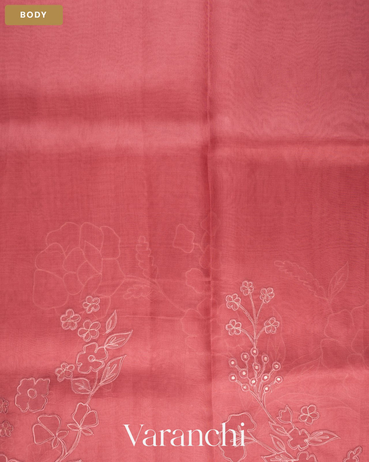 Peach Floral Applique Pure Kora Silk Saree — Body