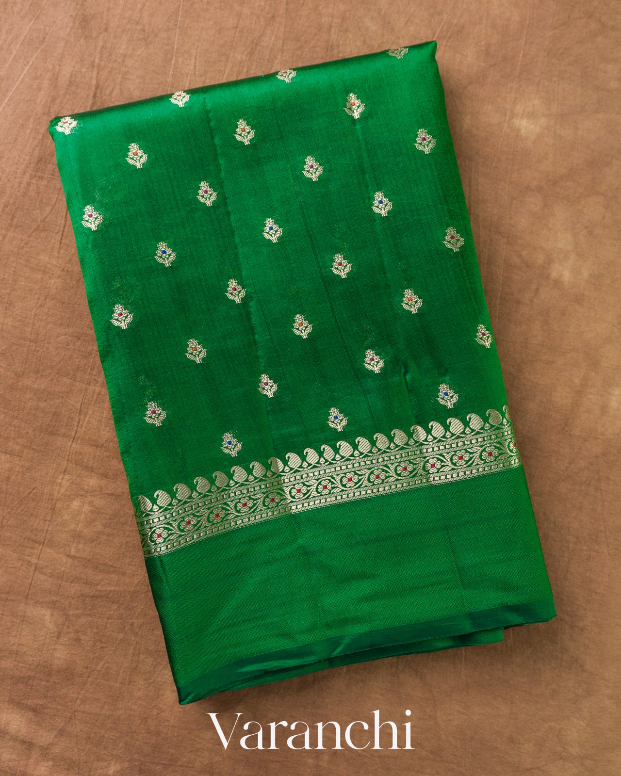 Bottle Green Pure Poona Silk Saree — Folded