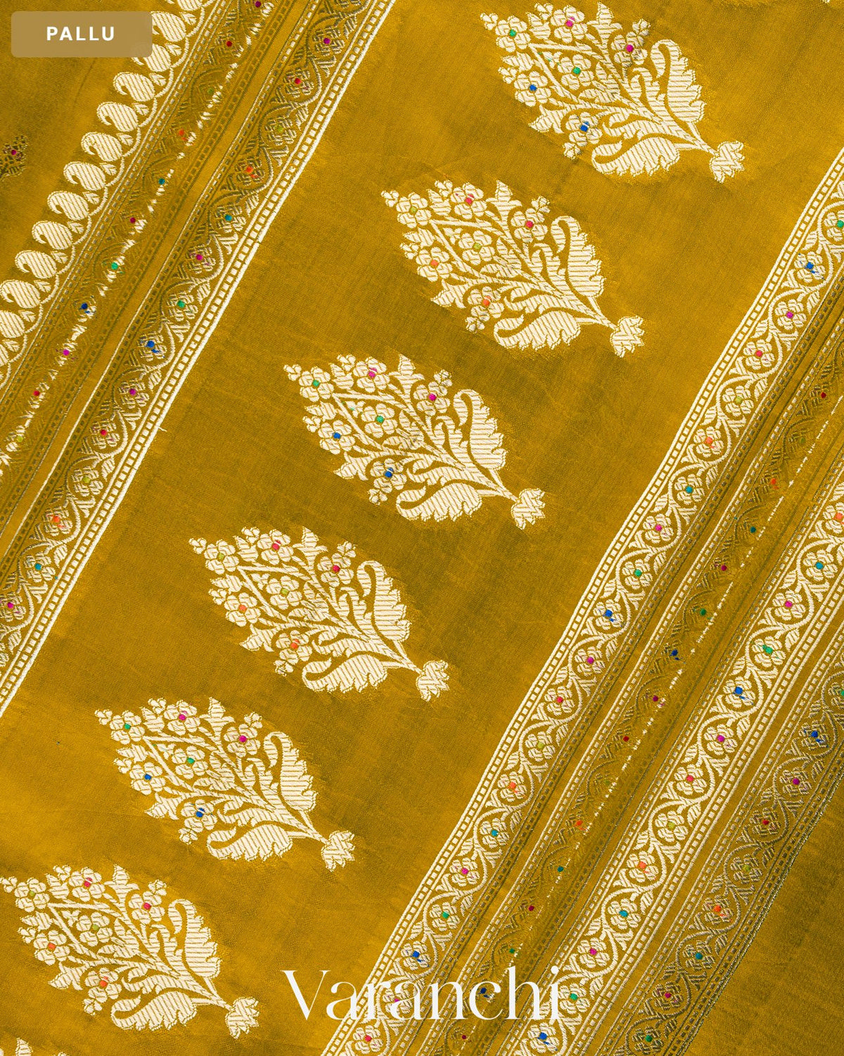 Olive Yellow Pure Poona Silk Saree — Pallu