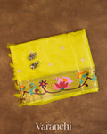 Lemon Yellow Paithani Embroidered Border Pure Tussar Silk Saree — Folded