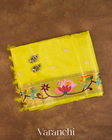 Lemon Yellow Paithani Embroidered Border Pure Tussar Silk Saree — Folded