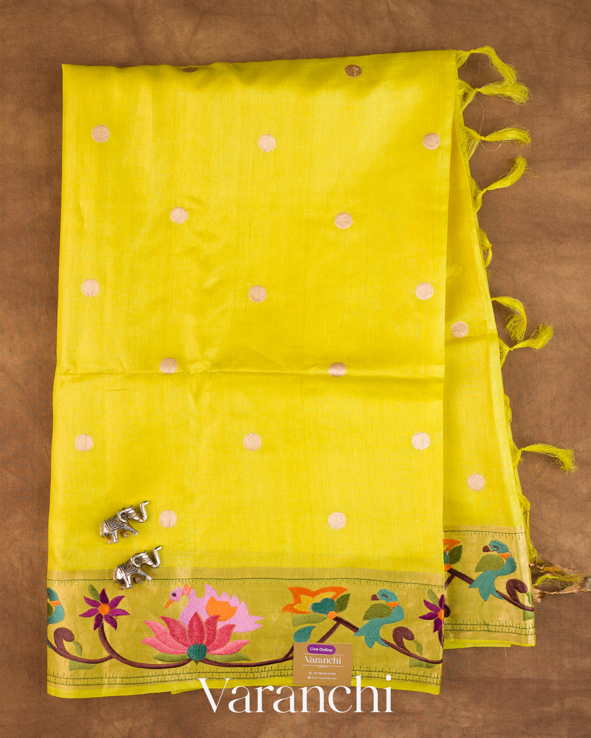 Lemon Yellow Paithani Embroidered Border Pure Tussar Silk Saree — Full Saree
