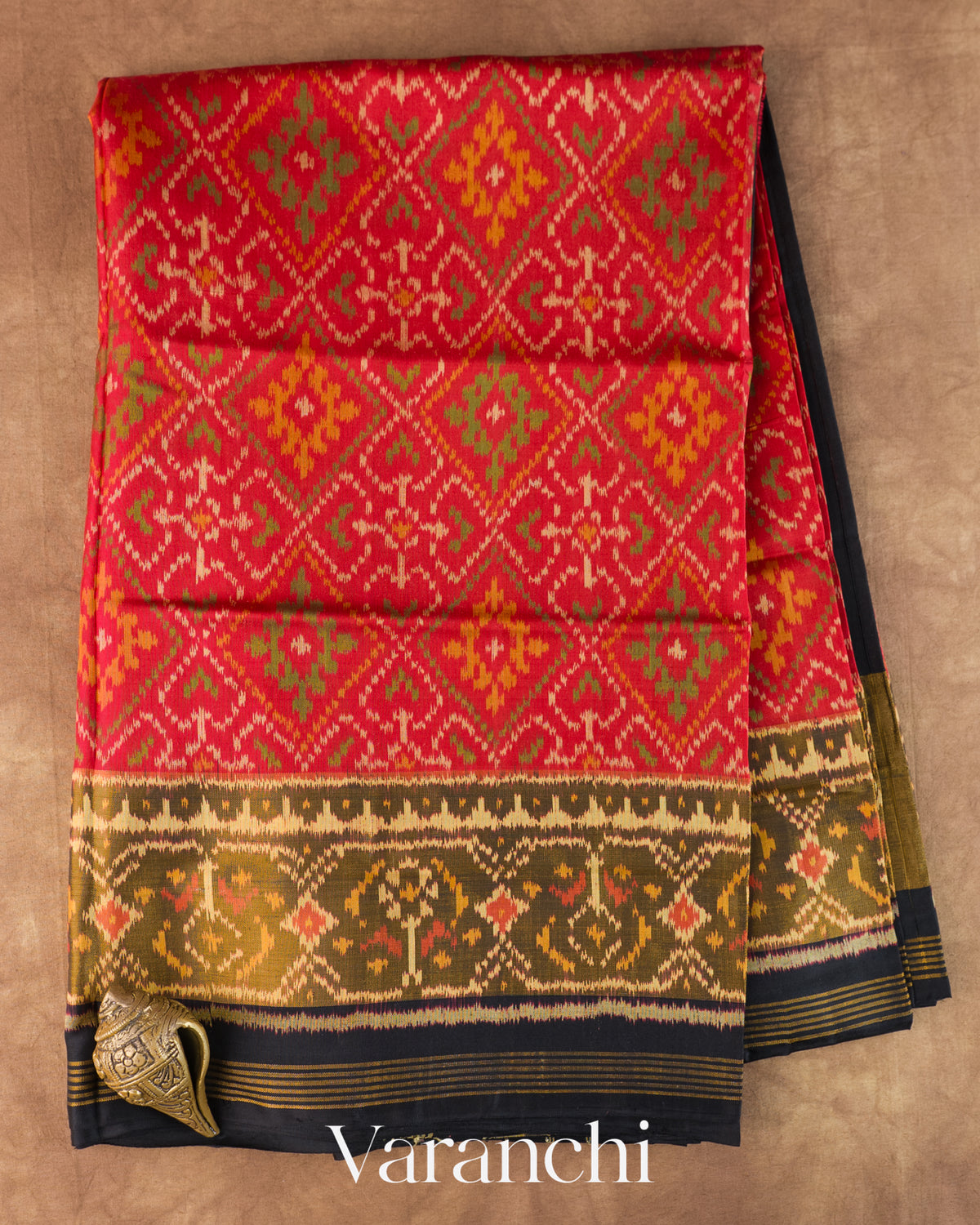 Coral Red Pure Rajkot Patola Silk Handloom Saree — Full Saree