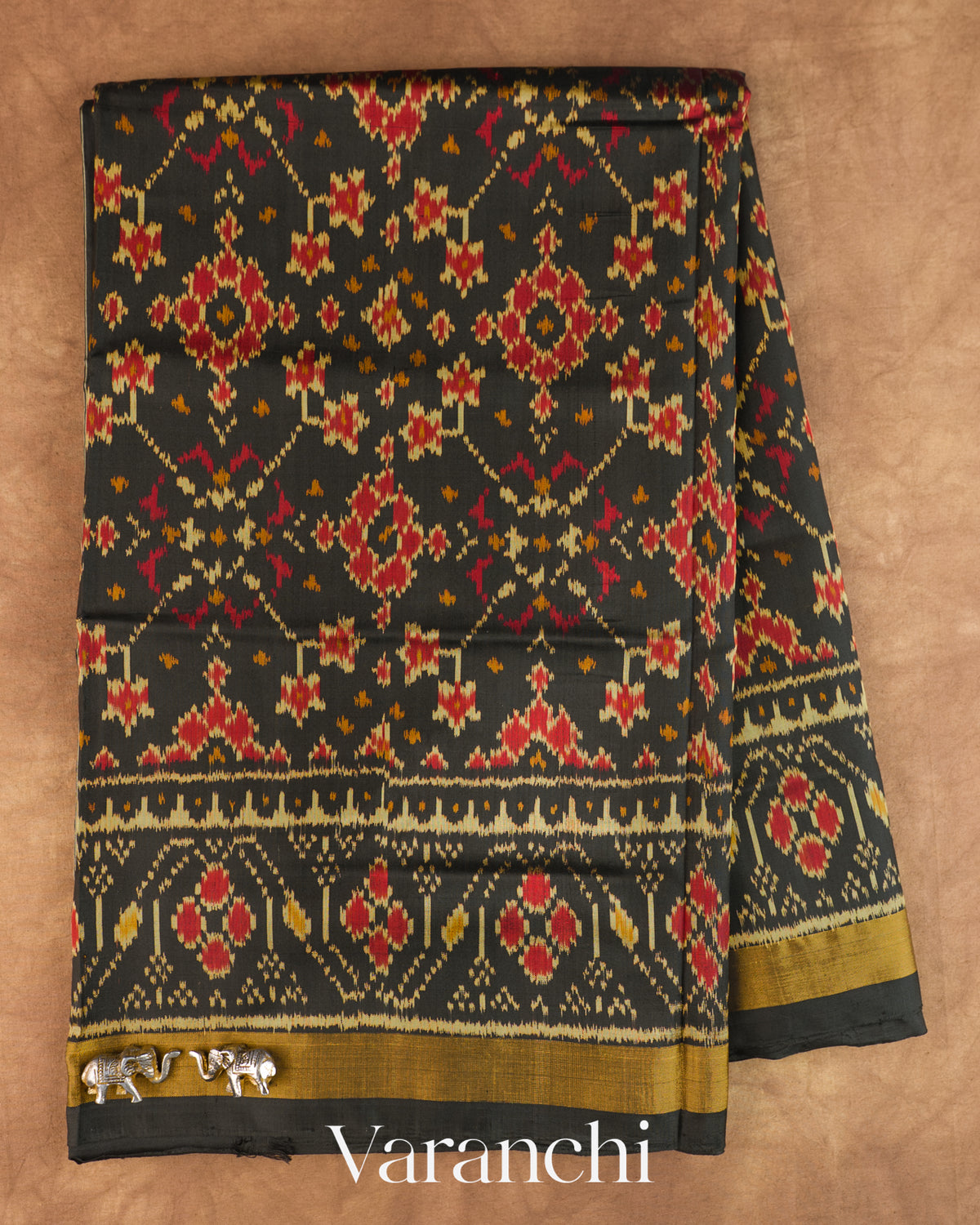 Jet Black Pure Rajkot Patola Silk Handloom Saree — Full Saree
