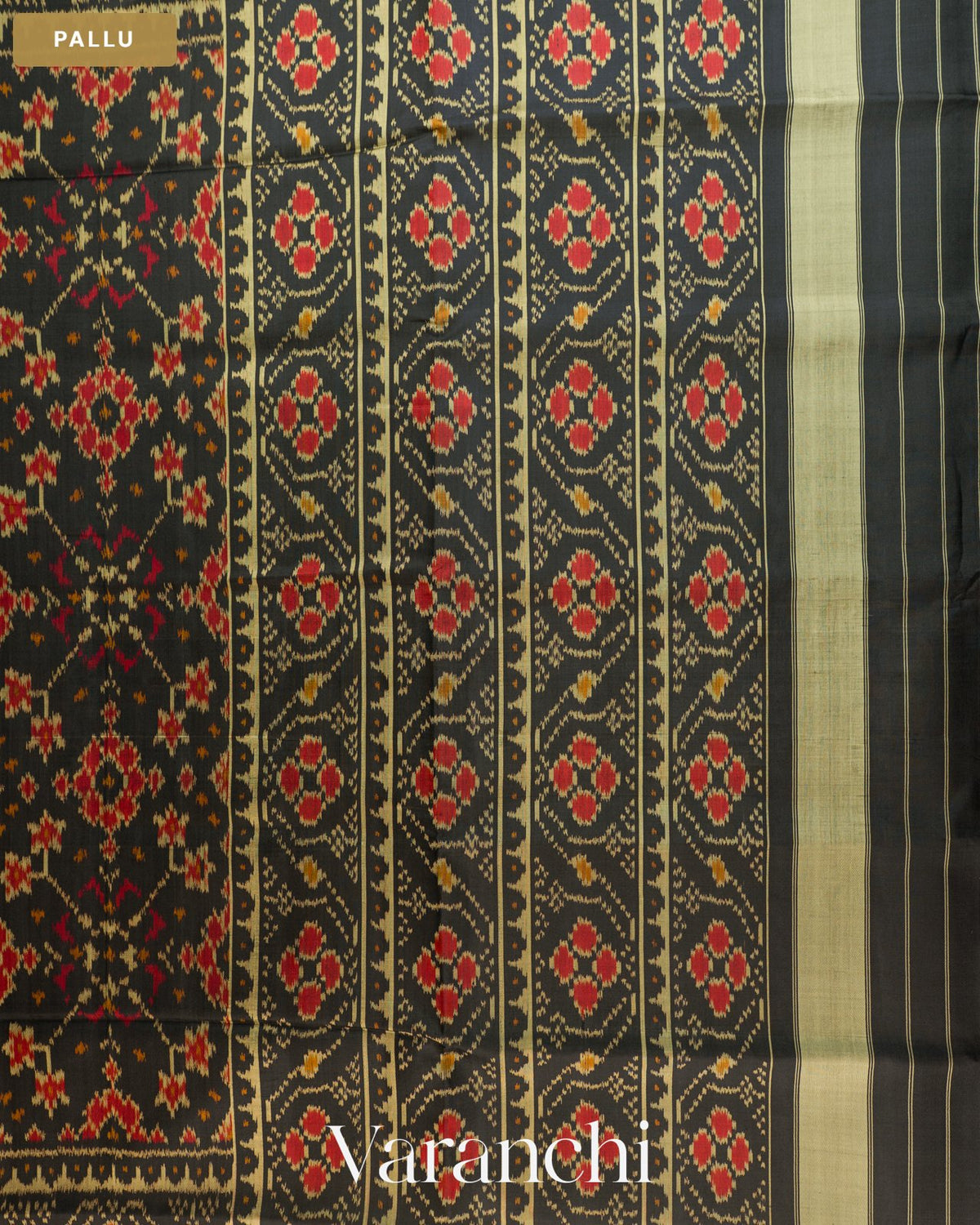 Jet Black Pure Rajkot Patola Silk Handloom Saree — Pallu