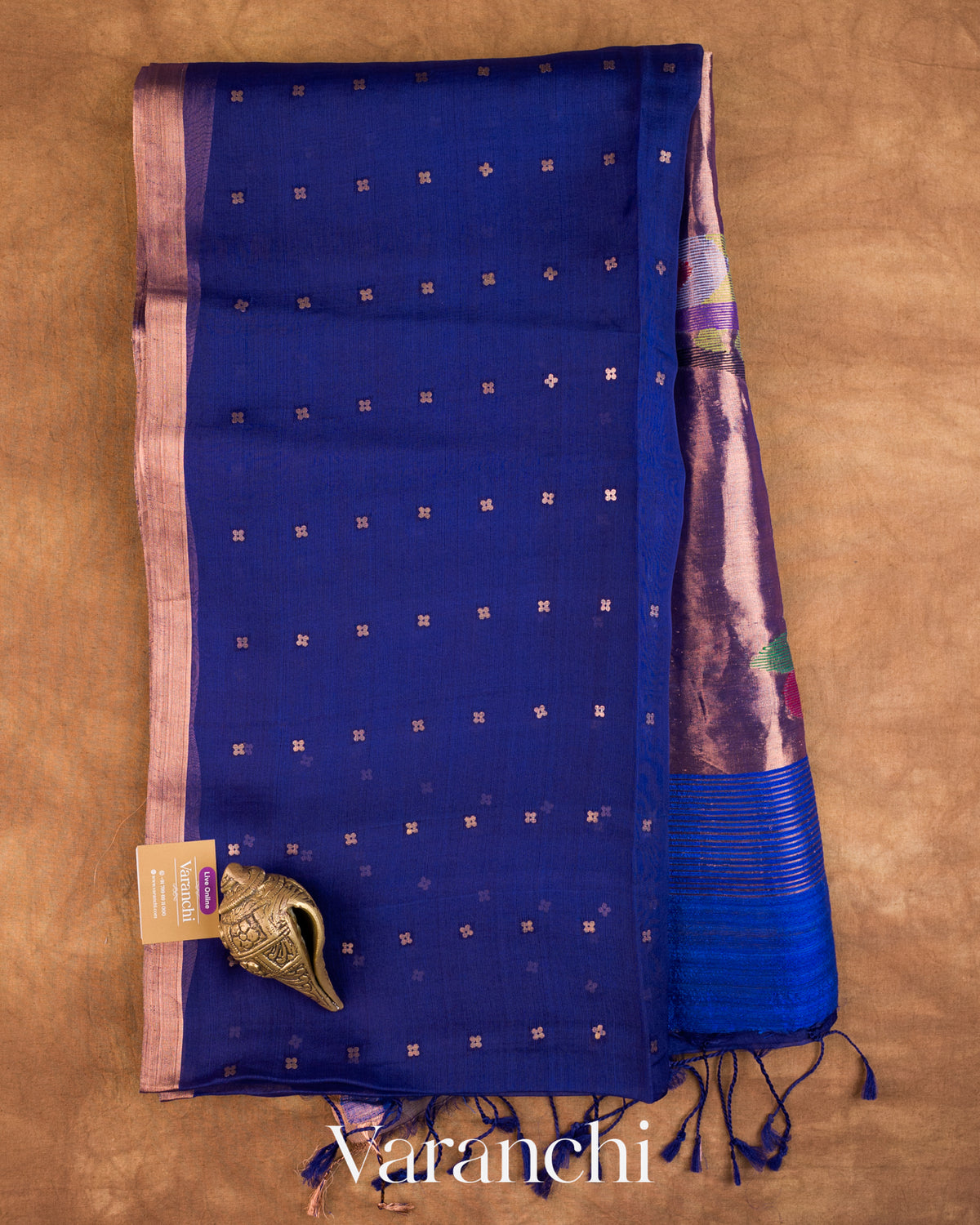 Deep Royal Blue Sequin with Jamdani Paithani Pallu Pure Muslin Silk Handloom Saree — Full Saree