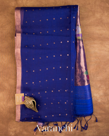 Deep Royal Blue Sequin with Jamdani Paithani Pallu Pure Muslin Silk Handloom Saree — Full Saree
