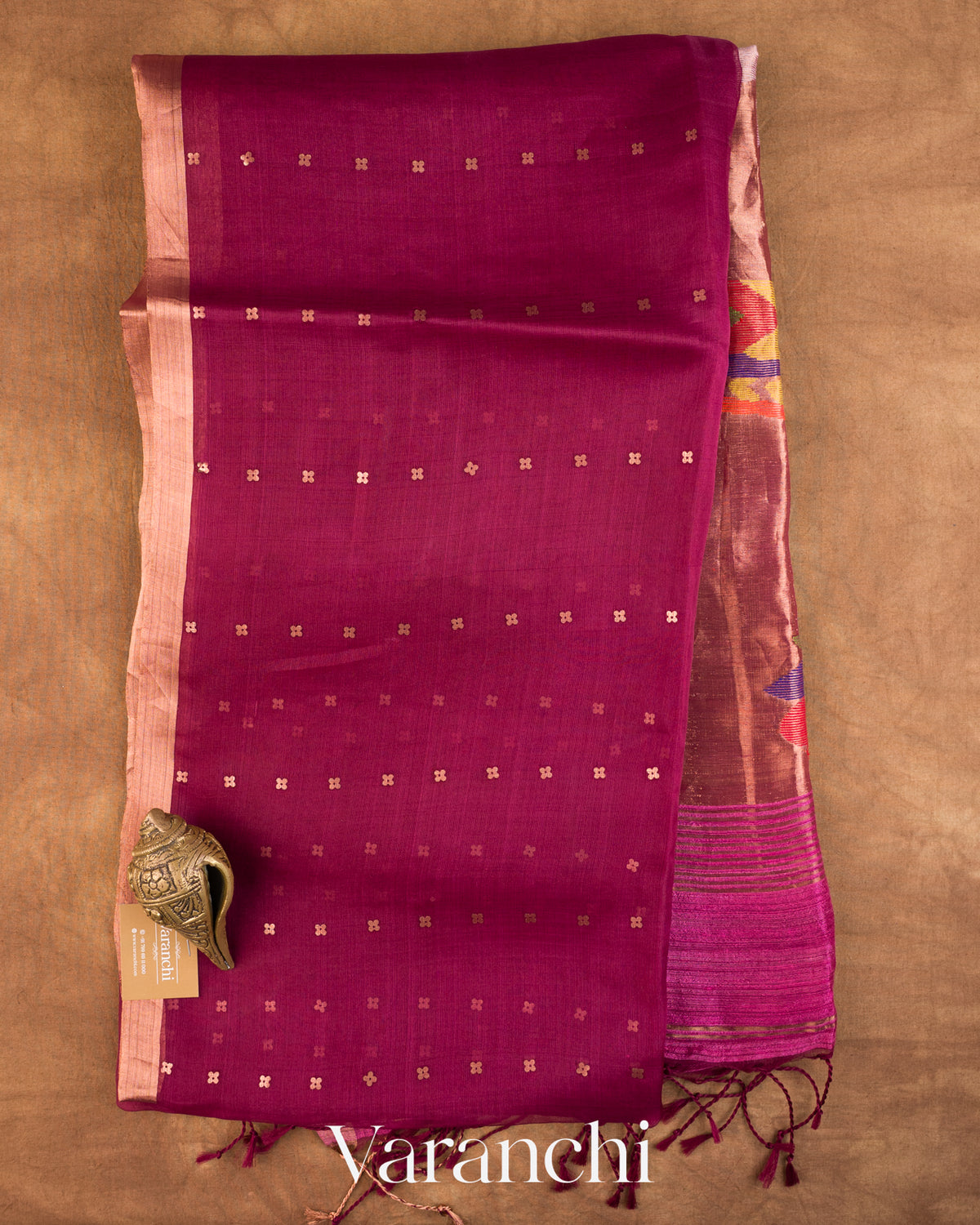 Deep Magenta Sequin Jamdani Paithani Pallu Pure Muslin Silk Handloom Saree — Full Saree