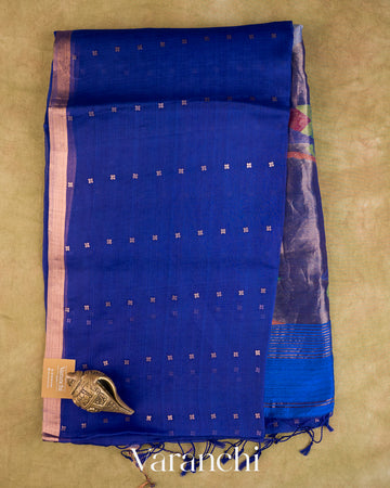 Royal Blue Sequin Jamdani Paithani Pallu Pure Muslin Silk Handloom Saree — Full Saree