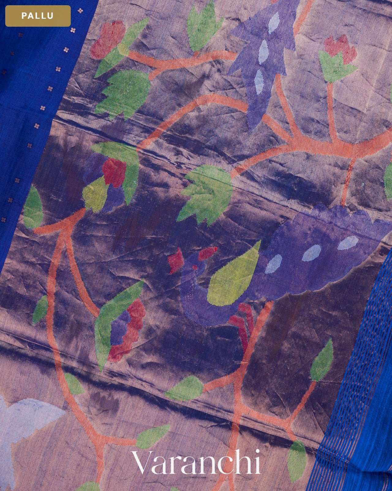 Royal Blue Sequin Jamdani Paithani Pallu Pure Muslin Silk Handloom Saree — Pallu