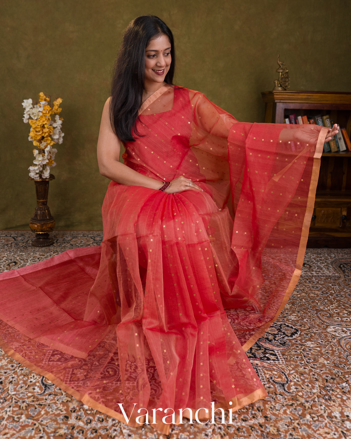 Coral Pink Sequin with Jamdani Paithani Pallu Pure Muslin Silk Handloom Saree — Draped