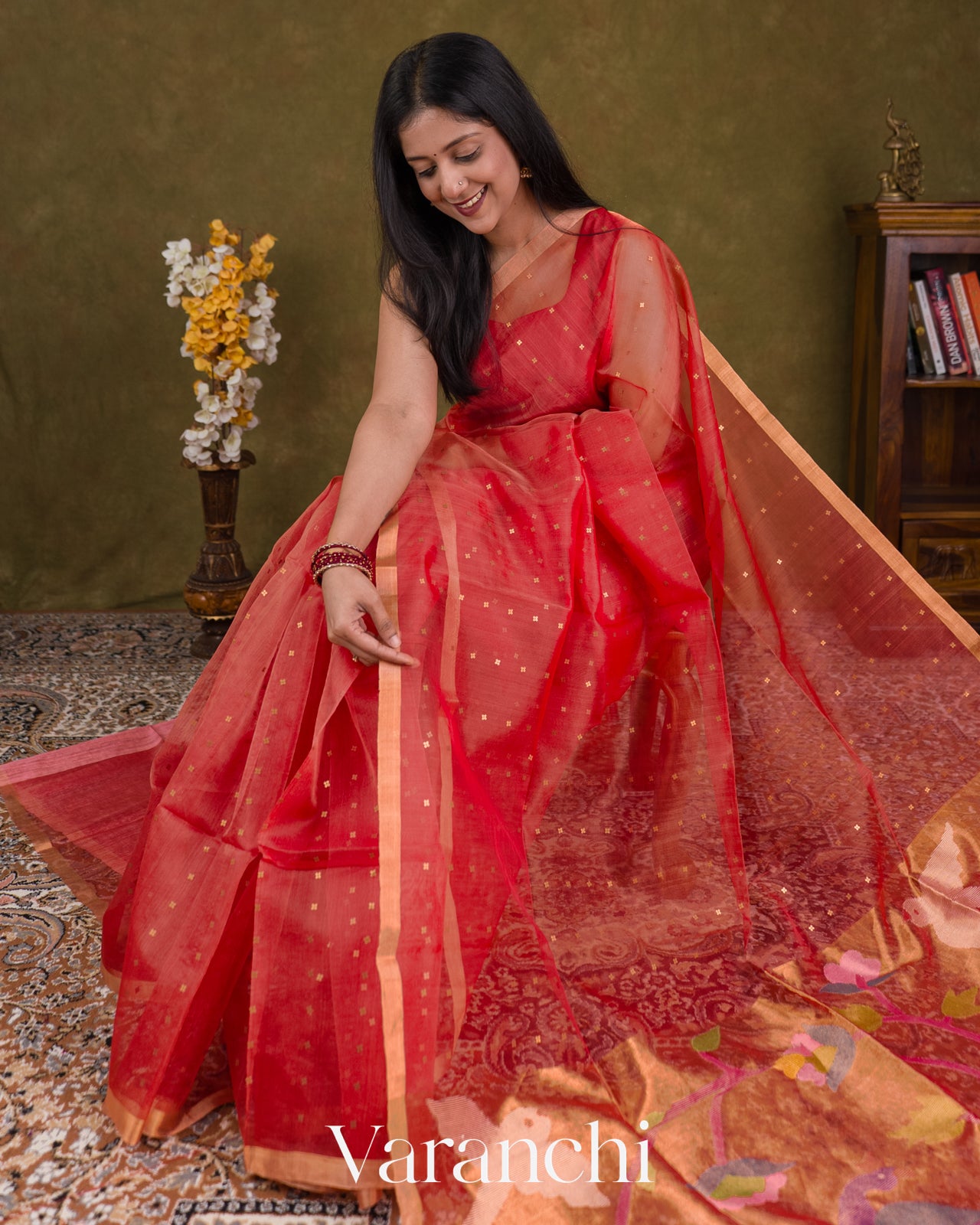 Coral Pink Sequin with Jamdani Paithani Pallu Pure Muslin Silk Handloom Saree — Draped