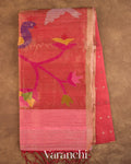 Coral Pink Sequin with Jamdani Paithani Pallu Pure Muslin Silk Handloom Saree — Full Saree