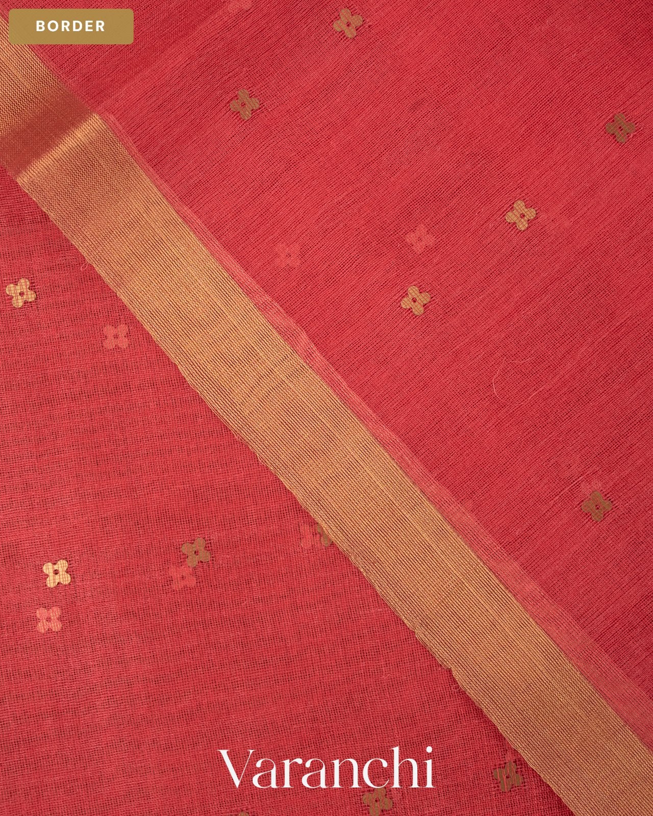 Coral Pink Sequin with Jamdani Paithani Pallu Pure Muslin Silk Handloom Saree — Border