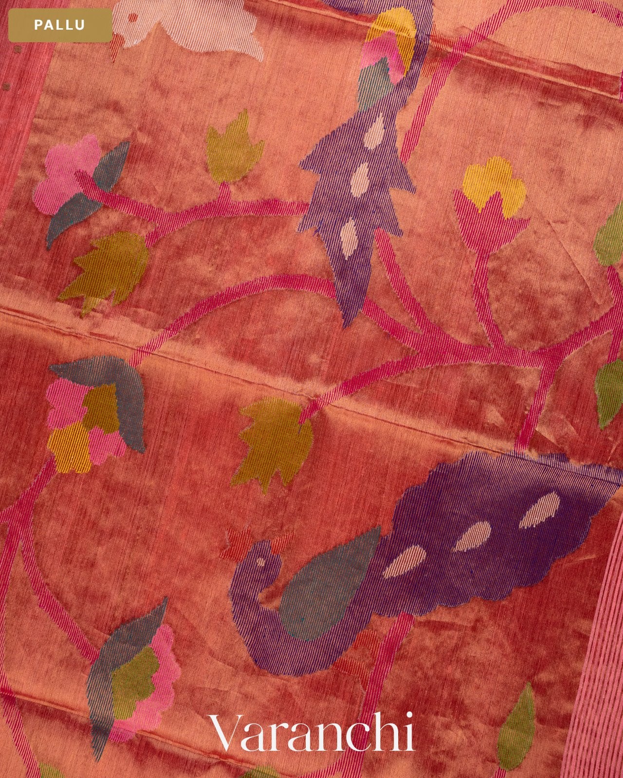 Coral Pink Sequin with Jamdani Paithani Pallu Pure Muslin Silk Handloom Saree — Pallu