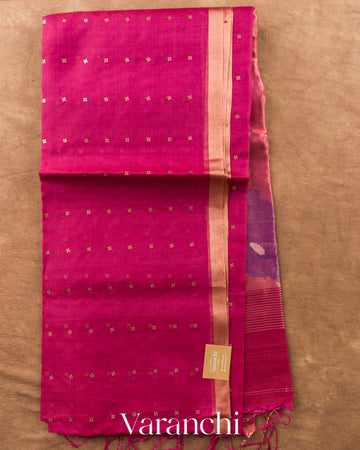 Rani Pink Sequin with Jamdani Paithani Pallu Pure Muslin Silk Handloom Saree — Full Saree