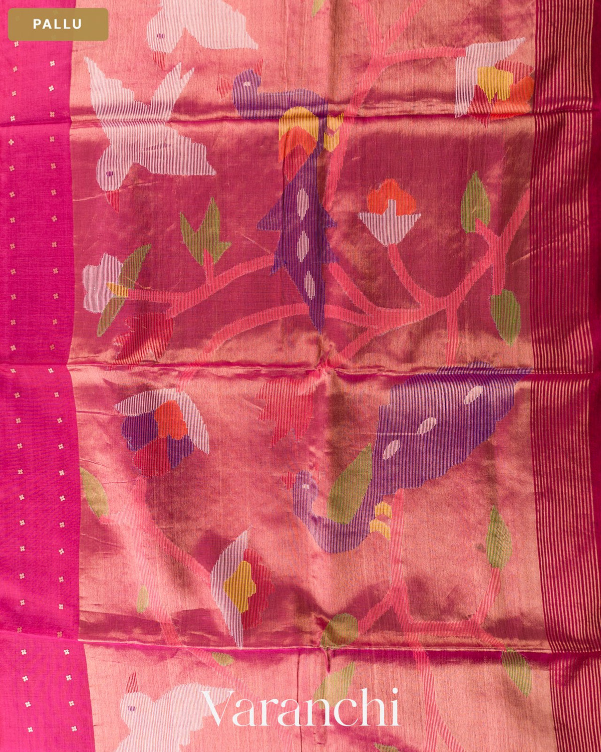 Rani Pink Sequin with Jamdani Paithani Pallu Pure Muslin Silk Handloom Saree — Pallu