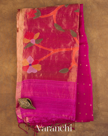 Rani Pink Sequin with Jamdani Paithani Pallu Pure Muslin Silk Handloom Saree — Full Saree