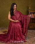 Maroon Mirror Hand-Embroidered Pure Tussar Silk Handloom Saree — Draped