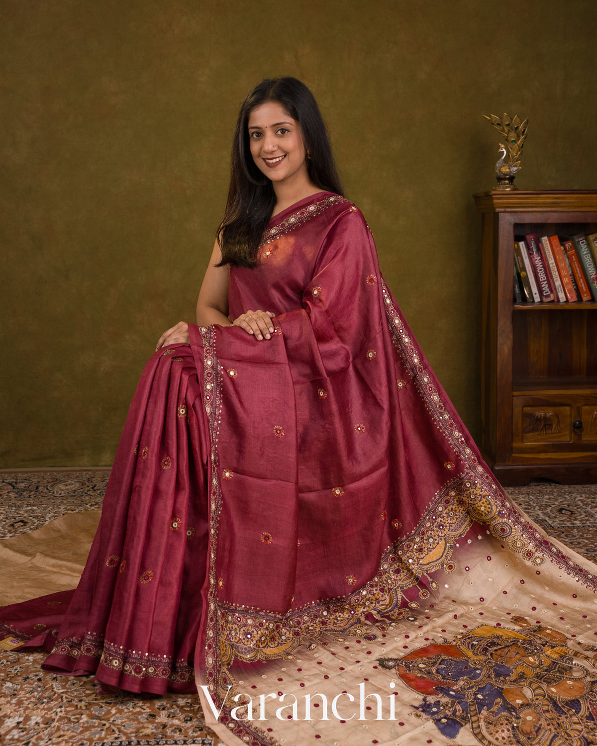 Maroon Mirror Hand-Embroidered Pure Tussar Silk Handloom Saree — Draped