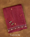 Deep Onion Pink Mirror Hand-Embroidered Pure Tussar Silk Handloom Saree — Folded