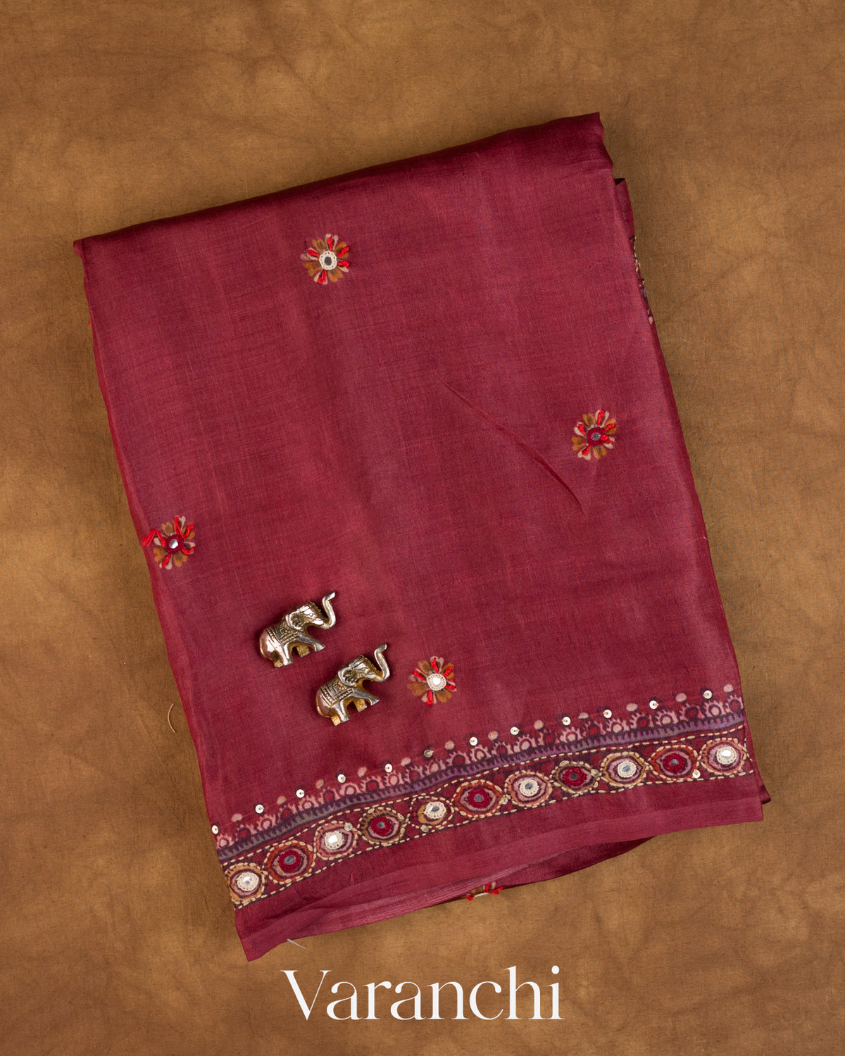 Deep Onion Pink Mirror Hand-Embroidered Pure Tussar Silk Handloom Saree — Folded
