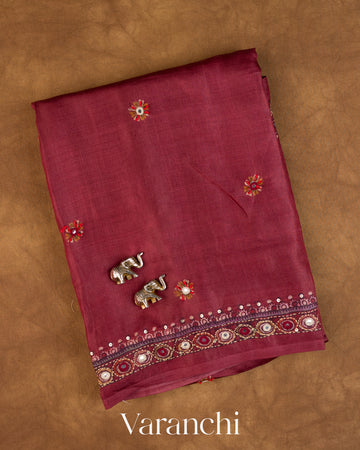 Deep Onion Pink Mirror Hand-Embroidered Pure Tussar Silk Handloom Saree — Folded