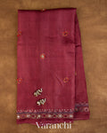 Deep Onion Pink Mirror Hand-Embroidered Pure Tussar Silk Handloom Saree — Full Saree