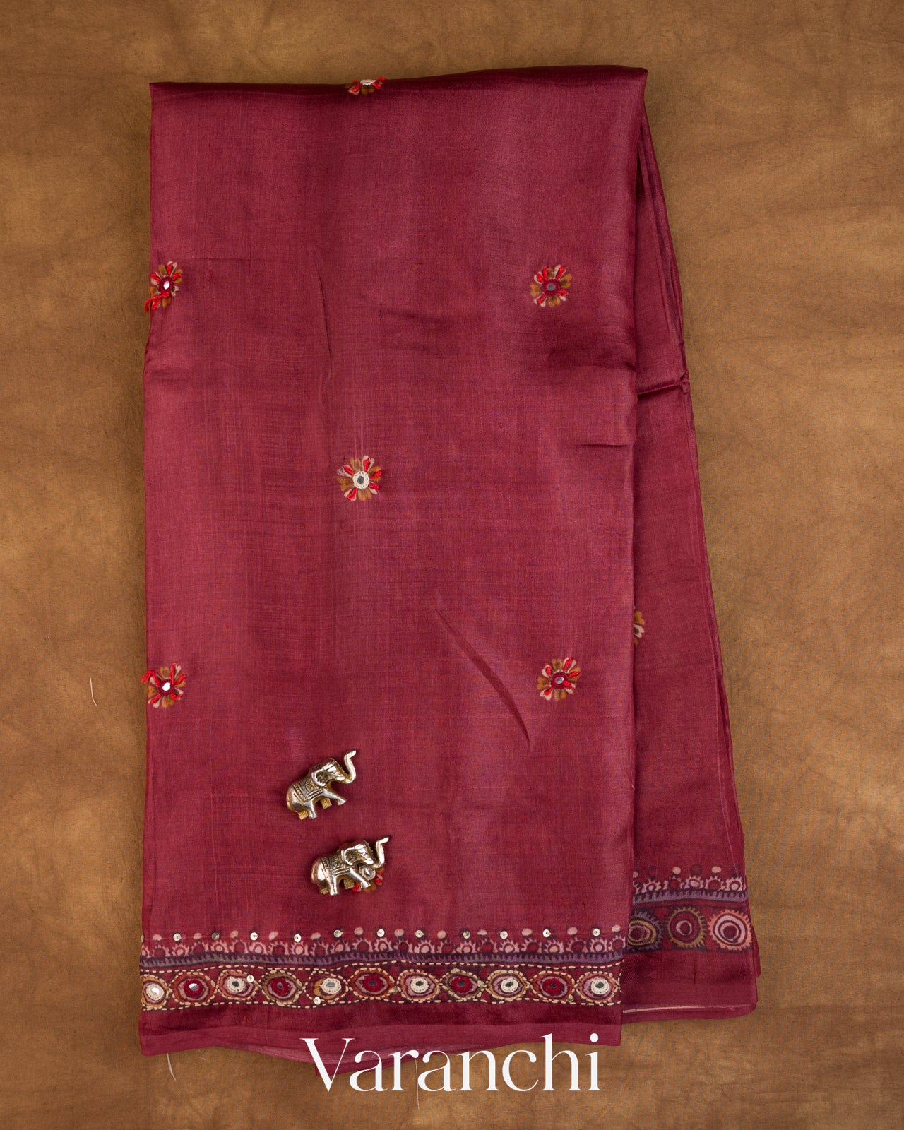 Deep Onion Pink Mirror Hand-Embroidered Pure Tussar Silk Handloom Saree — Full Saree
