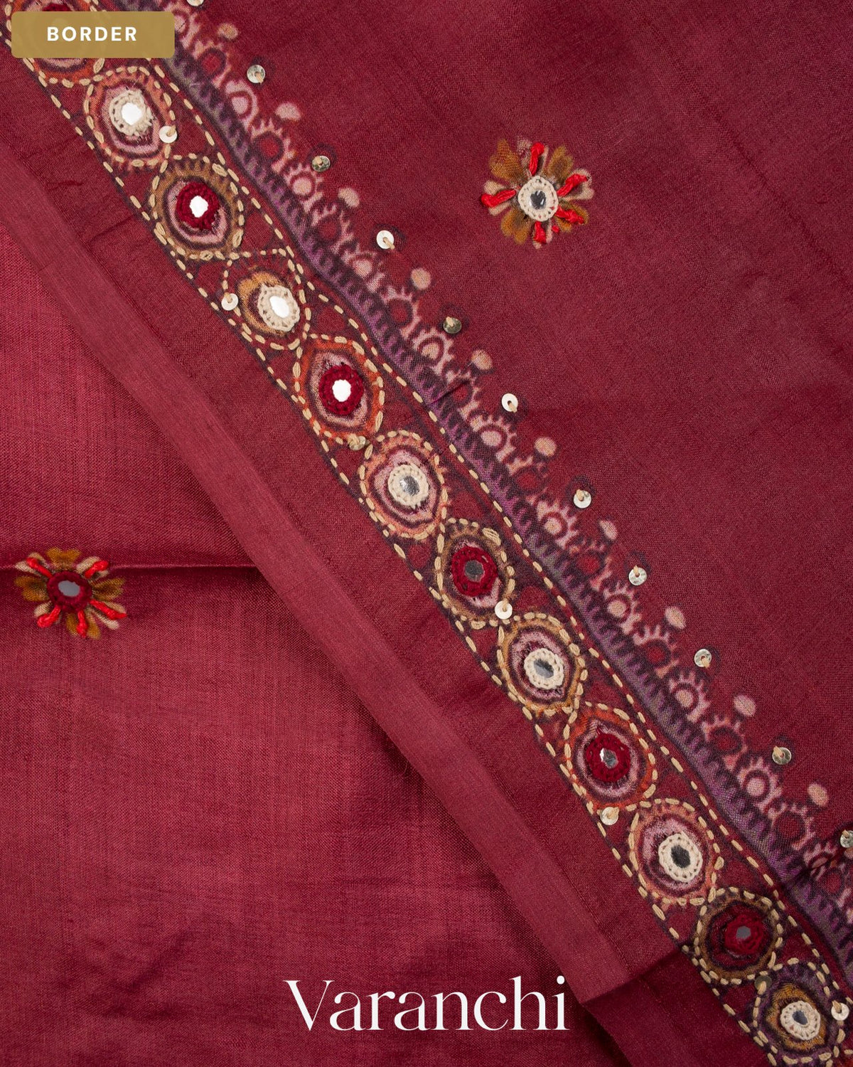 Deep Onion Pink Mirror Hand-Embroidered Pure Tussar Silk Handloom Saree — Border