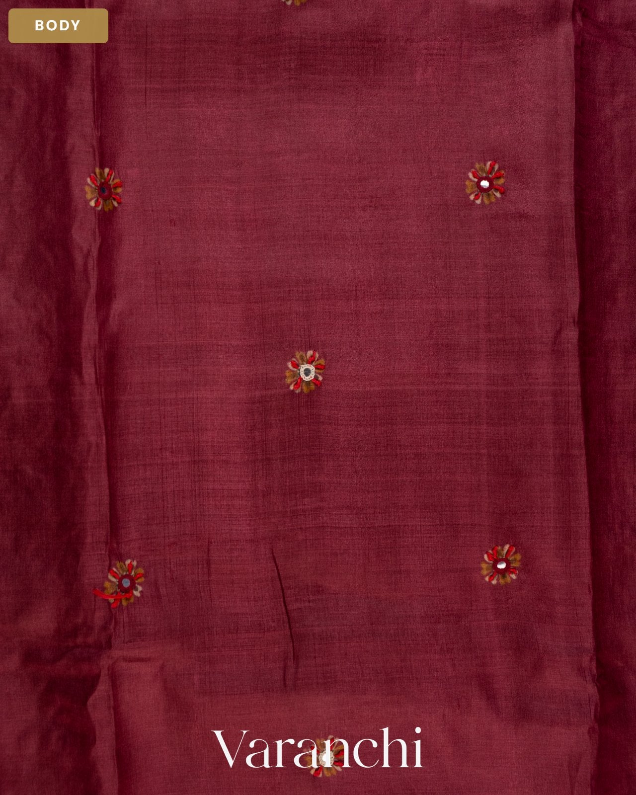Deep Onion Pink Mirror Hand-Embroidered Pure Tussar Silk Handloom Saree — Body