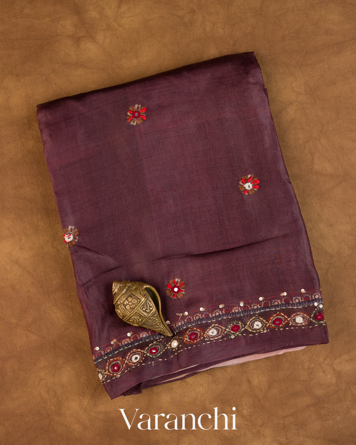 Deep Brown Mirror Hand-Embroidered Pure Tussar Silk Handloom Saree — Folded