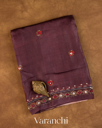Deep Brown Mirror Hand-Embroidered Pure Tussar Silk Handloom Saree — Folded