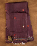 Deep Brown Mirror Hand-Embroidered Pure Tussar Silk Handloom Saree — Full Saree