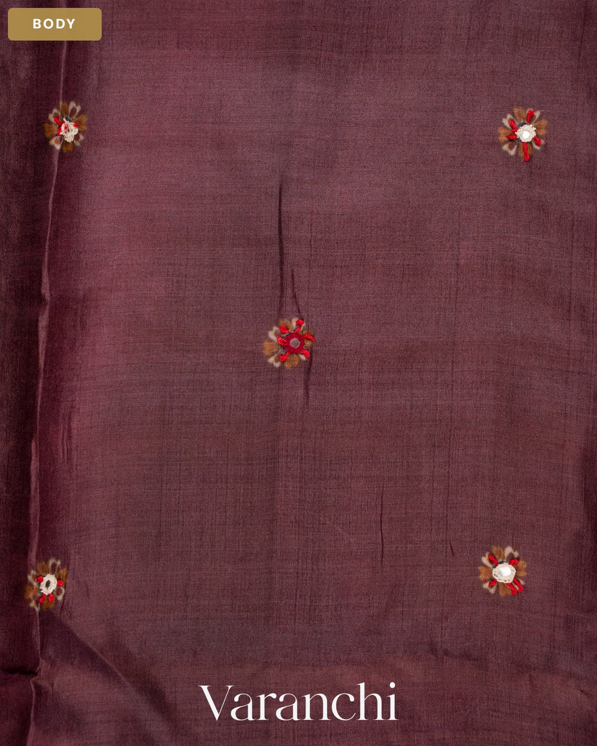 Deep Brown Mirror Hand-Embroidered Pure Tussar Silk Handloom Saree — Body