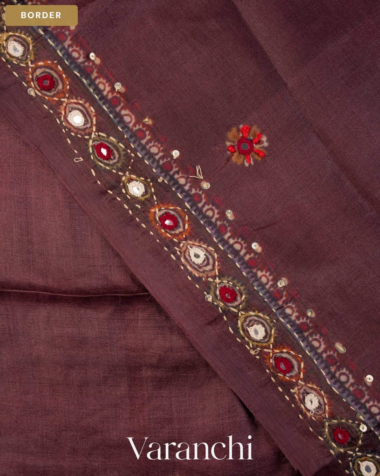 Deep Brown Mirror Hand-Embroidered Pure Tussar Silk Handloom Saree — Border
