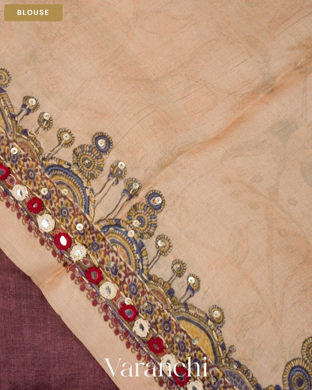 Deep Brown Mirror Hand-Embroidered Pure Tussar Silk Handloom Saree — Blouse