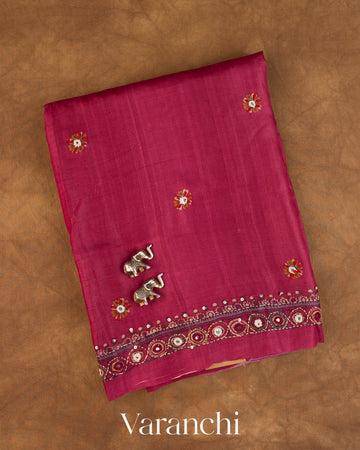 Deep Magenta Mirror Hand-Embroidered Pure Tussar Silk Handloom Saree — Folded