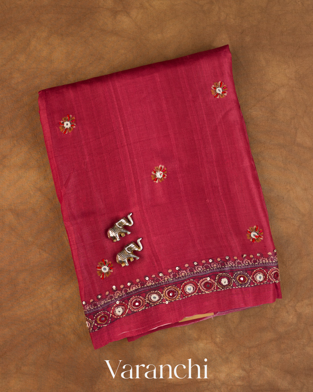 Deep Ruby Pink Mirror Hand-Embroidered Pure Tussar Silk Handloom Saree — Folded