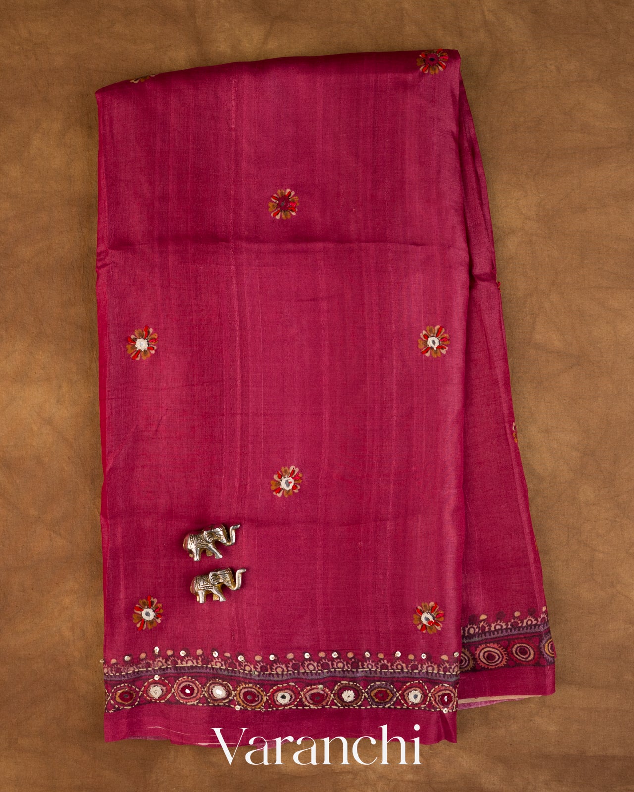 Deep Magenta Mirror Hand-Embroidered Pure Tussar Silk Handloom Saree — Full Saree