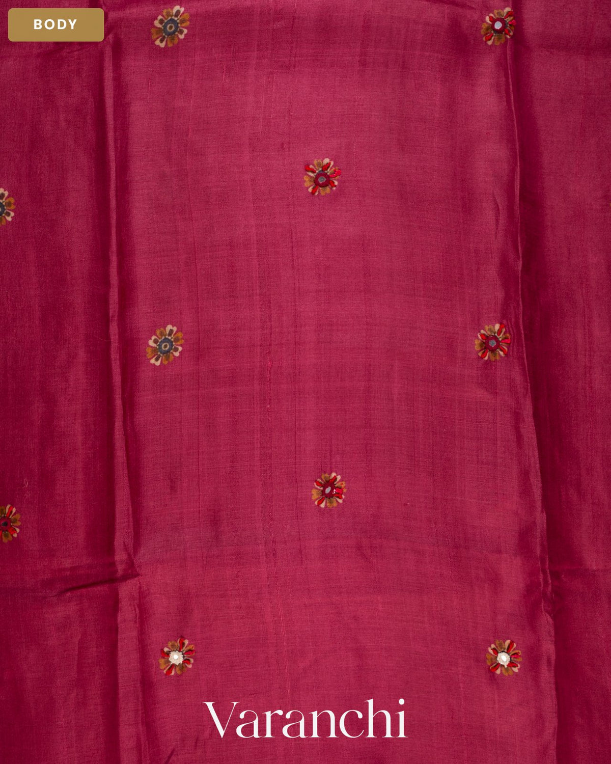 Deep Magenta Mirror Hand-Embroidered Pure Tussar Silk Handloom Saree — Body