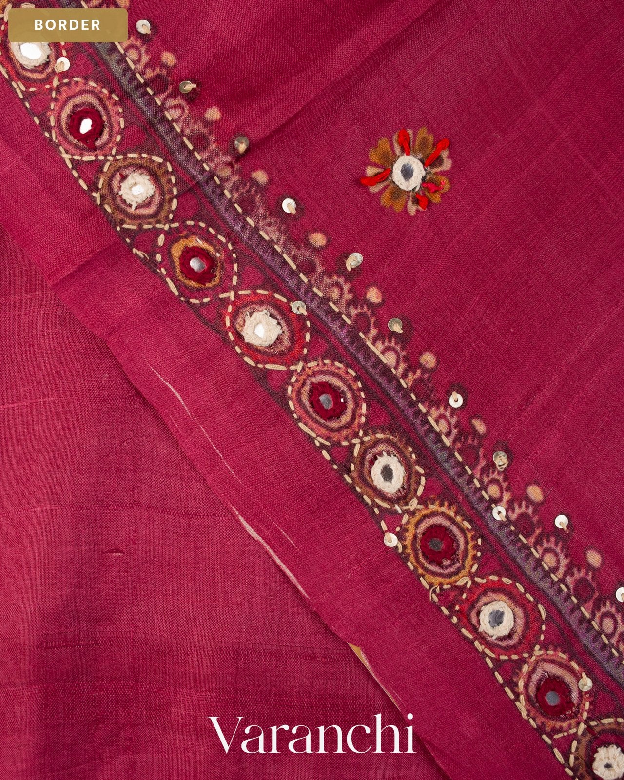 Deep Magenta Mirror Hand-Embroidered Pure Tussar Silk Handloom Saree — Border