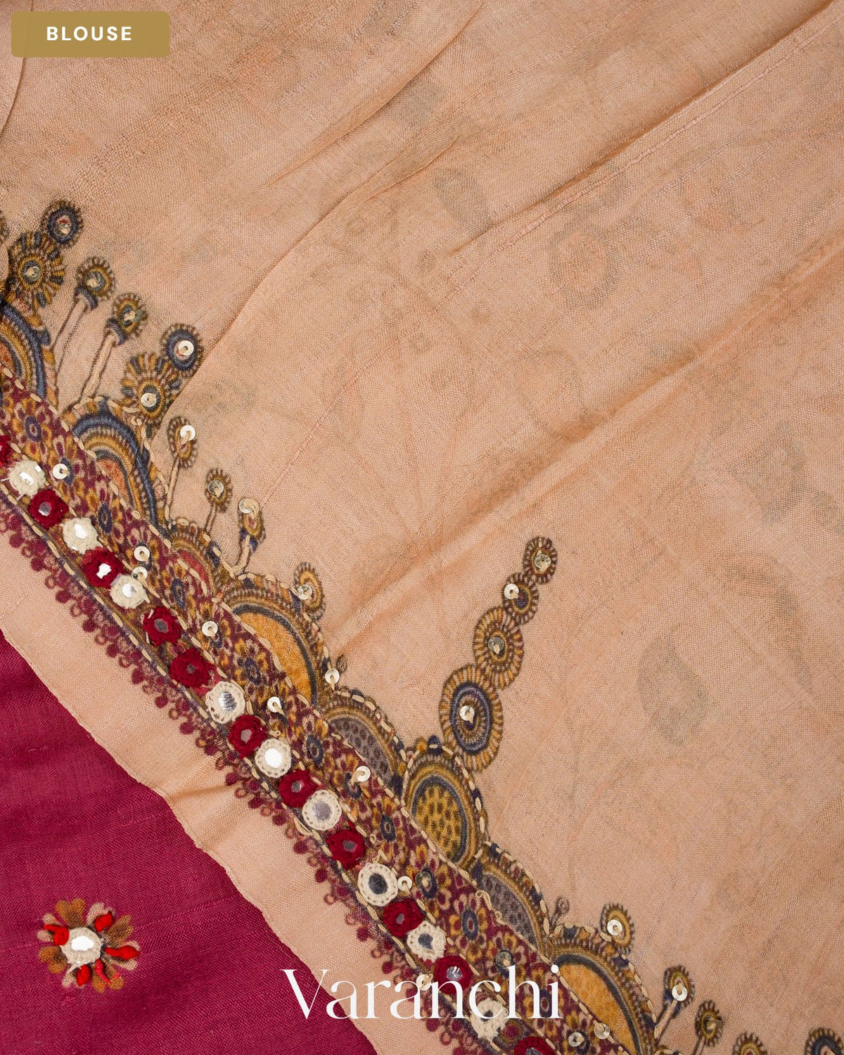 Deep Magenta Mirror Hand-Embroidered Pure Tussar Silk Handloom Saree — Blouse