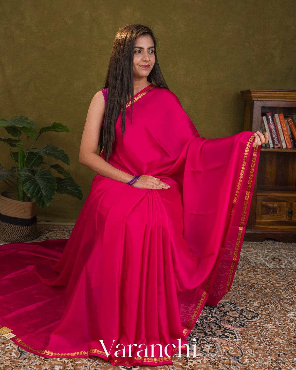 Rani Pink Pure Mysore Crepe Silk Saree — Draped