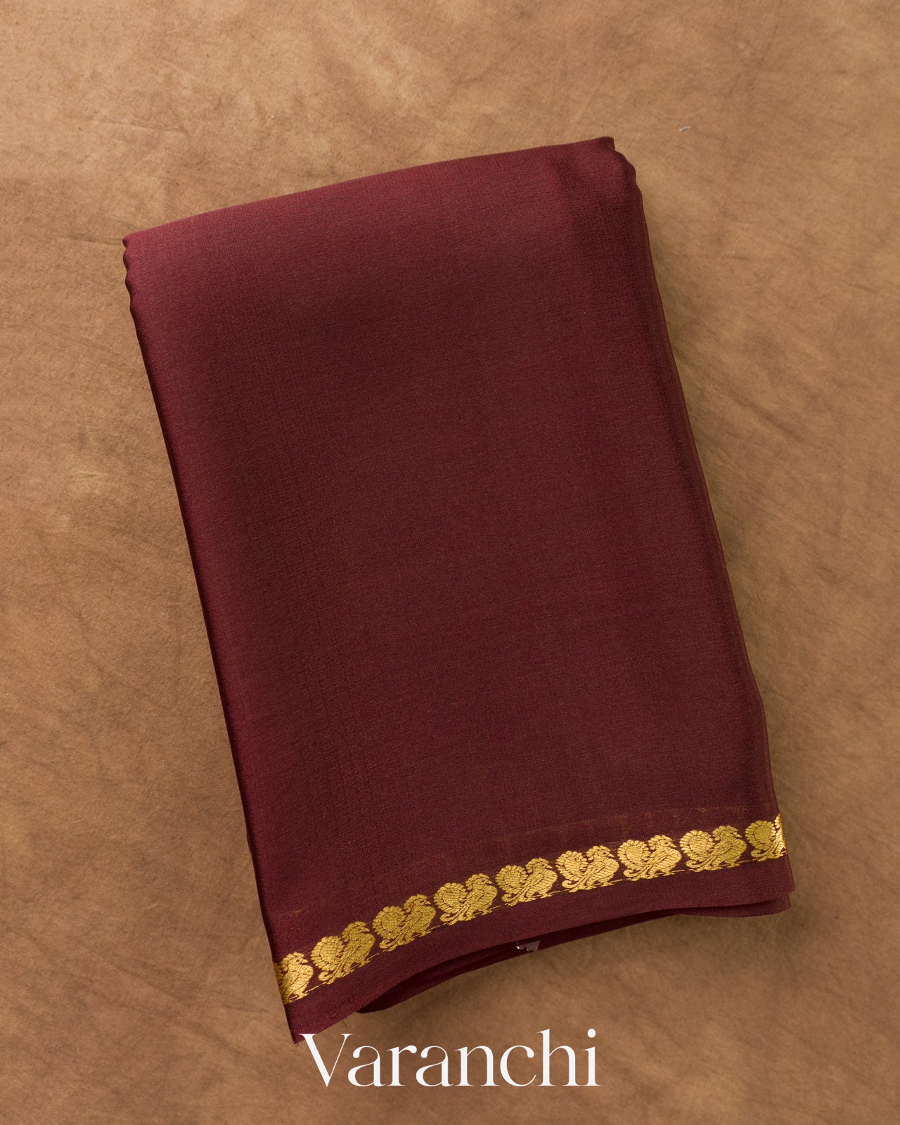 Coffee Brown Pure Mysore Crepe Silk Saree — Folded